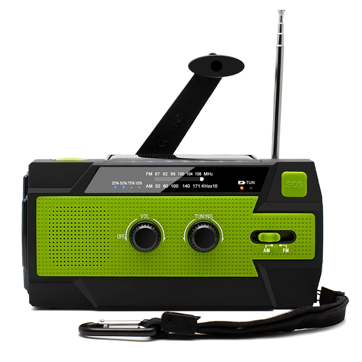 Emergency Radio Beacon with Hand Crank Solar Panel and LED Flashlight Powered
