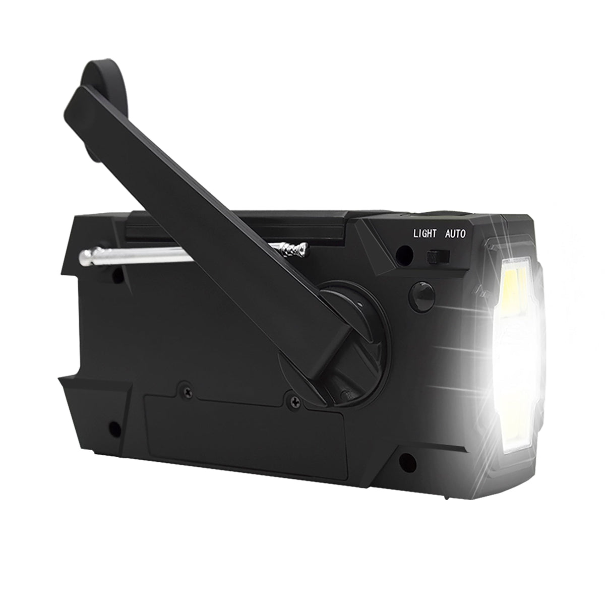 Emergency Radio Beacon with Hand Crank Solar Panel and LED Flashlight Powered