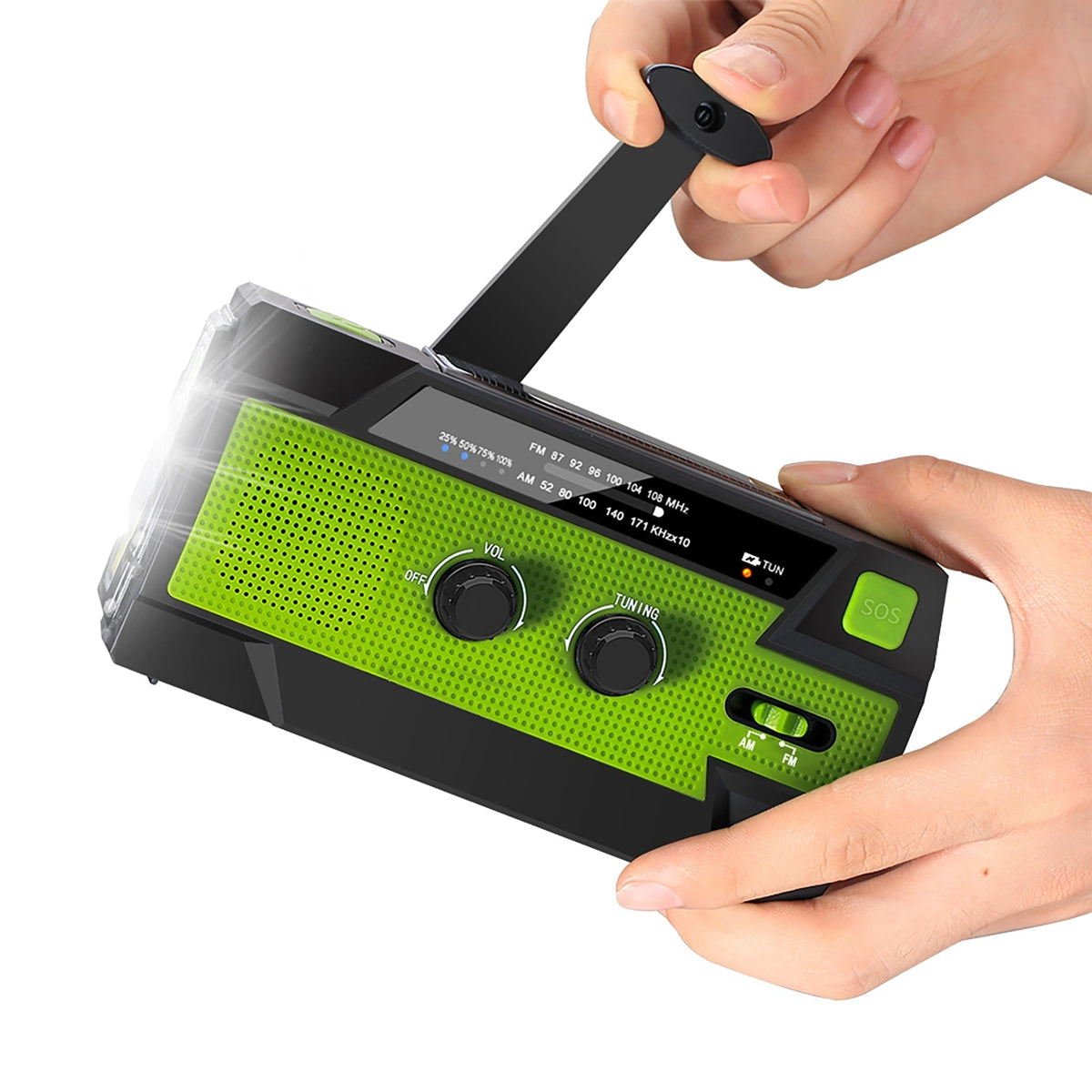 Emergency Radio Beacon with Hand Crank Solar Panel and LED Flashlight Powered