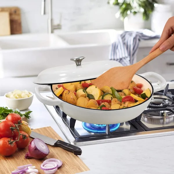 Enameled Cast Iron Cookware Braiser with Lid Shallow Round Dutch Oven Pot with Loop Handles