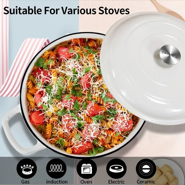 Enameled Cast Iron Cookware Braiser with Lid Shallow Round Dutch Oven Pot with Loop Handles