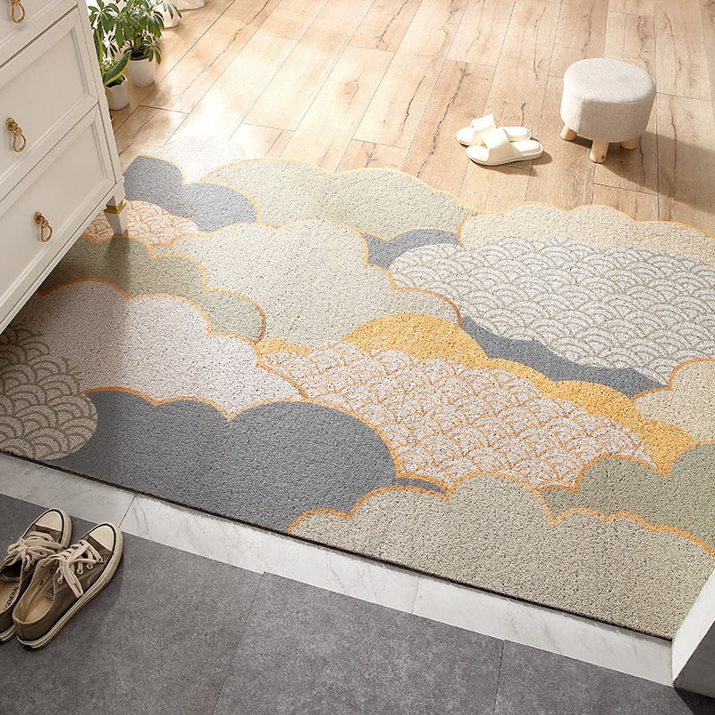 Entryway Outdoor Doormat with Low Profile Textured PVC Coil and Scalloped Edges for Welcome
