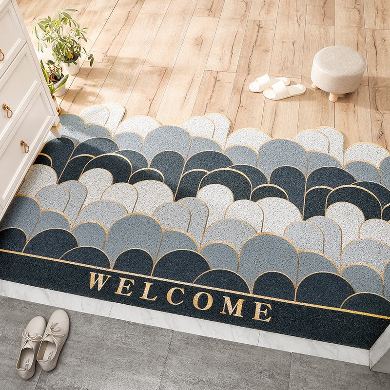 Entryway Outdoor Doormat with Low Profile Textured PVC Coil and Scalloped Edges for Welcome
