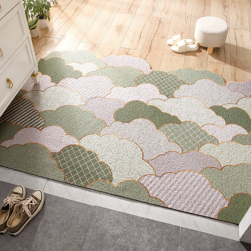 Entryway Outdoor Doormat with Low Profile Textured PVC Coil and Scalloped Edges for Welcome