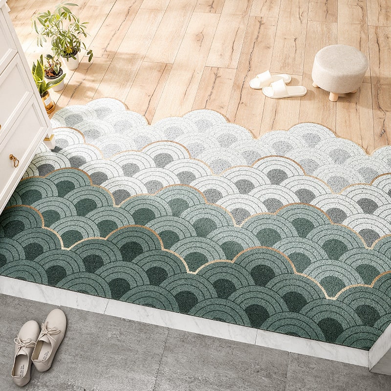 Entryway Outdoor Doormat with Low Profile Textured PVC Coil and Scalloped Edges for Welcome