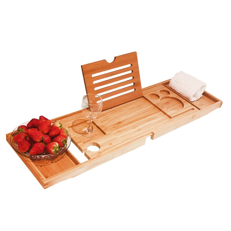 Expandable Bamboo Bathtub Caddy Tray with Organizer Compartments and Folding Legs