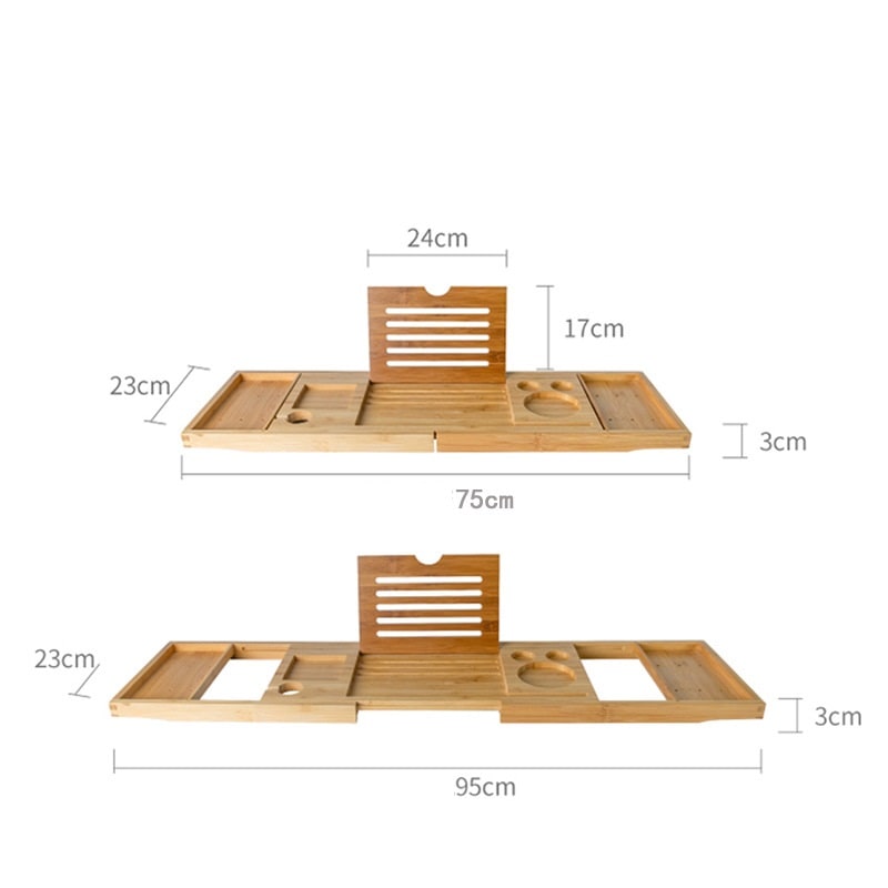 Expandable Bamboo Bathtub Caddy Tray with Organizer Compartments and Folding Legs