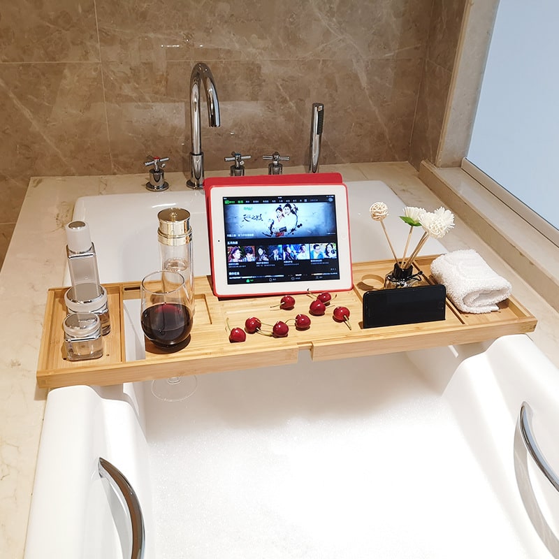 Expandable Bamboo Bathtub Caddy Tray with Organizer Compartments and Folding Legs
