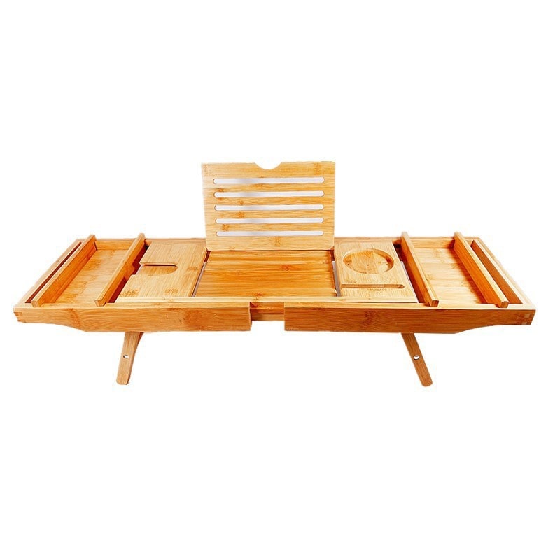 Expandable Bamboo Bathtub Caddy Tray with Organizer Compartments and Folding Legs