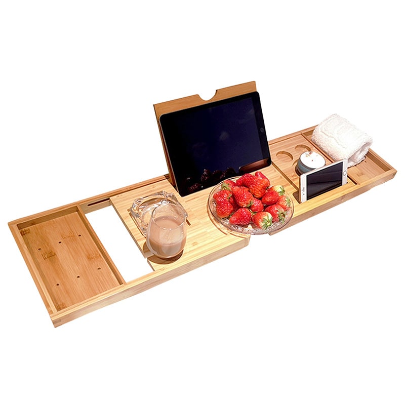 Expandable Bamboo Bathtub Caddy Tray with Organizer Compartments and Folding Legs