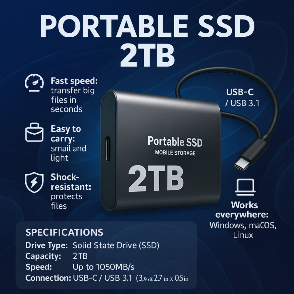 External Ssd 1tb Portable Solid State Drive with Usb-C for Laptop and PC