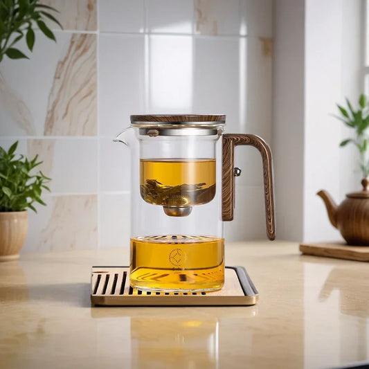 Avichic - Elegant Glass Teapot with Wooden Handle & Built-In Strainer