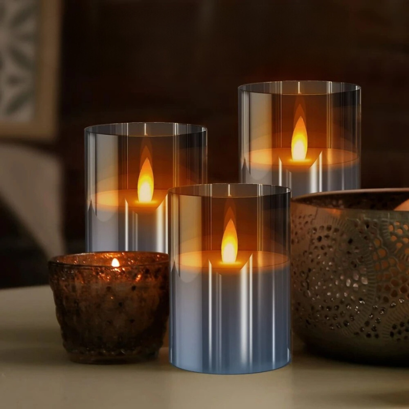 Flameless Candlesticks Battery Operated LED Pillar Candles with Glass Cylinder Set of Three
