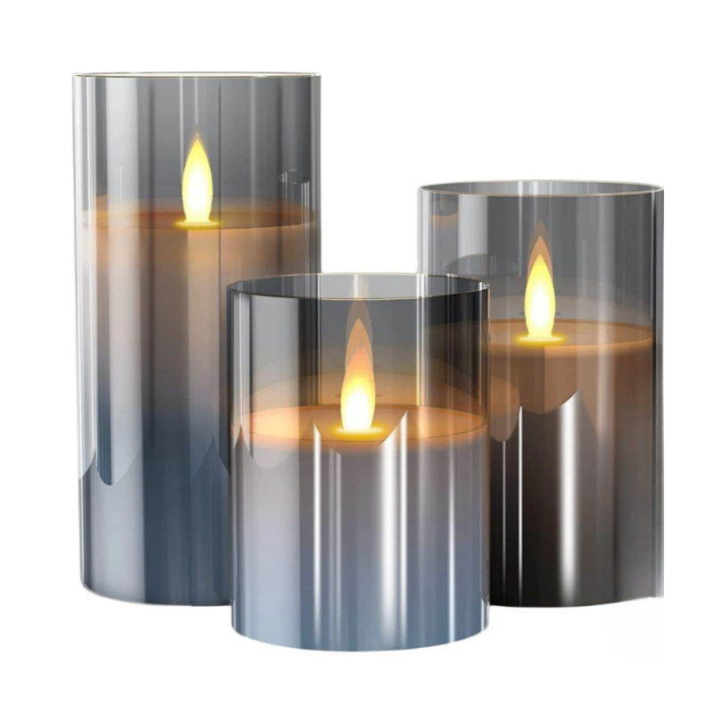 Flameless Candlesticks Battery Operated LED Pillar Candles with Glass Cylinder Set of Three
