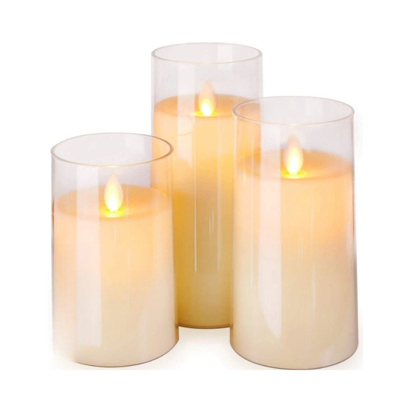 Flameless Candlesticks Battery Operated LED Pillar Candles with Glass Cylinder Set of Three