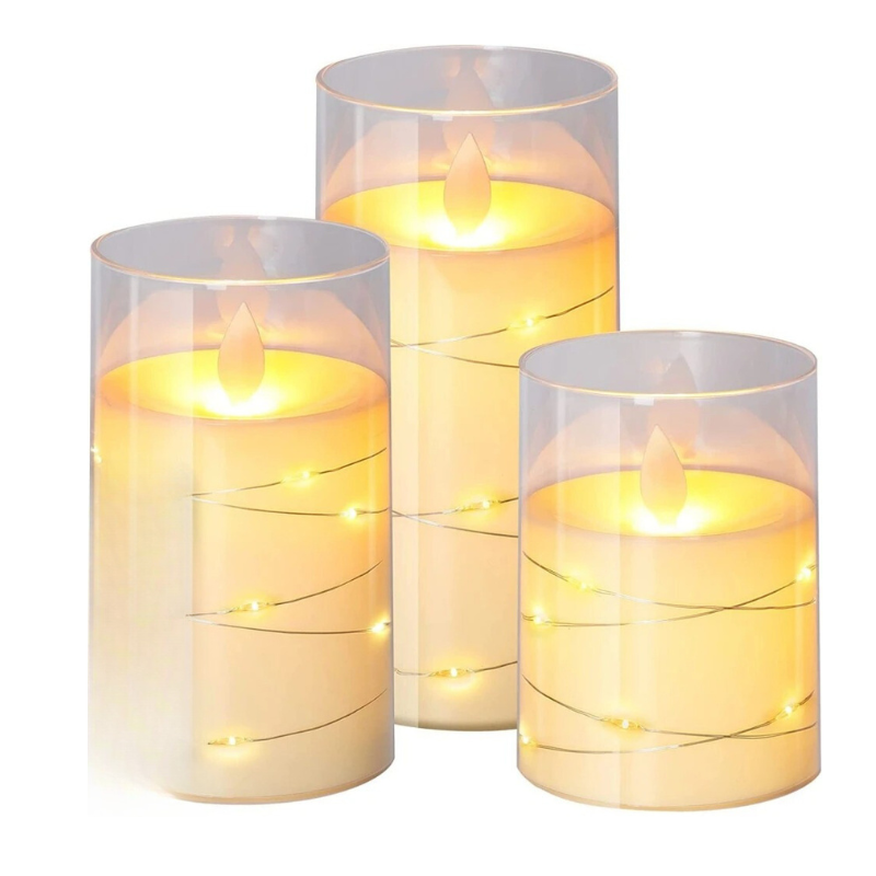 Flameless Candlesticks Battery Operated LED Pillar Candles with Glass Cylinder Set of Three