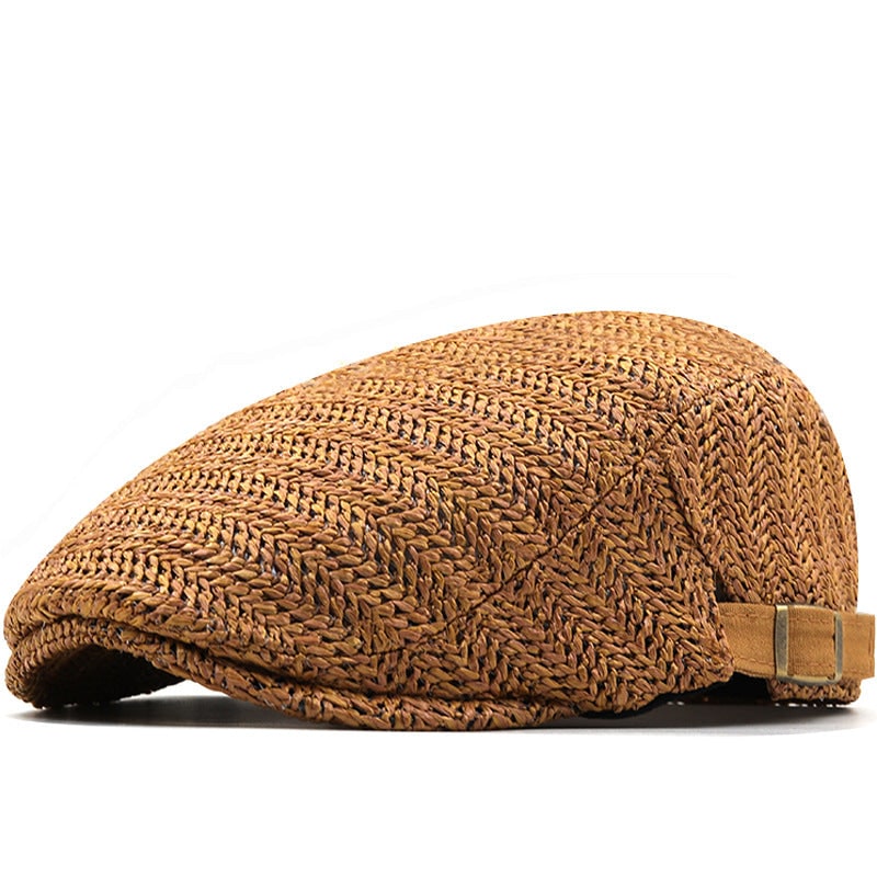 Flat Cap Straw Hat with Adjustable Back Strap and Breathable Chevron Weave Paddy