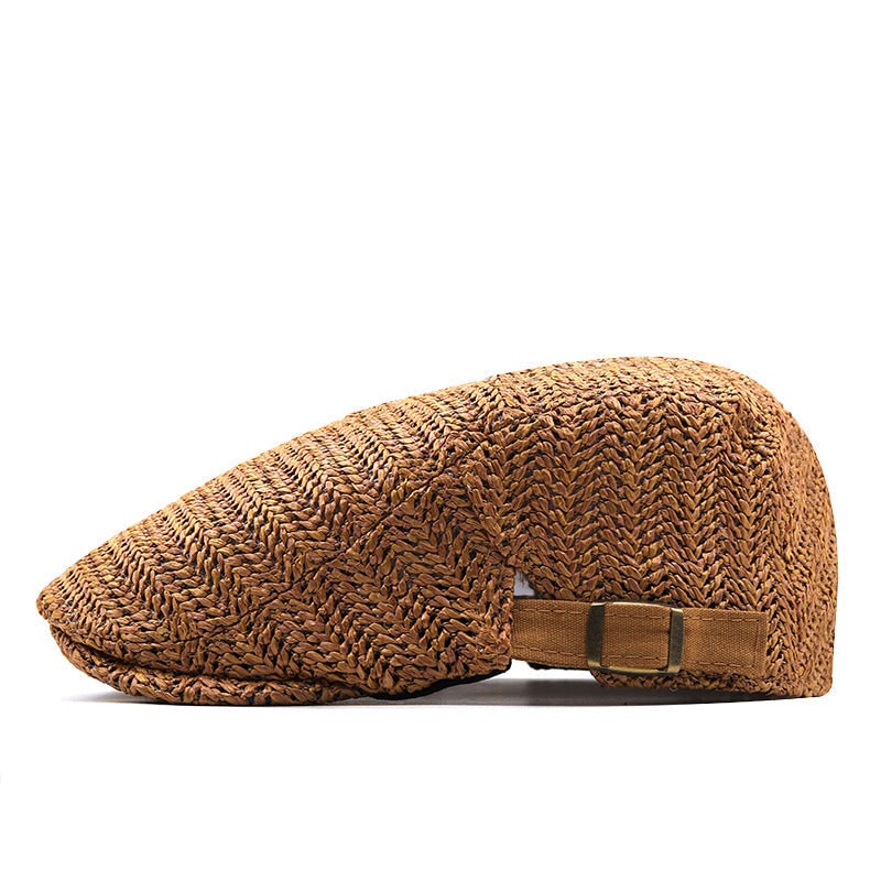 Flat Cap Straw Hat with Adjustable Back Strap and Breathable Chevron Weave Paddy