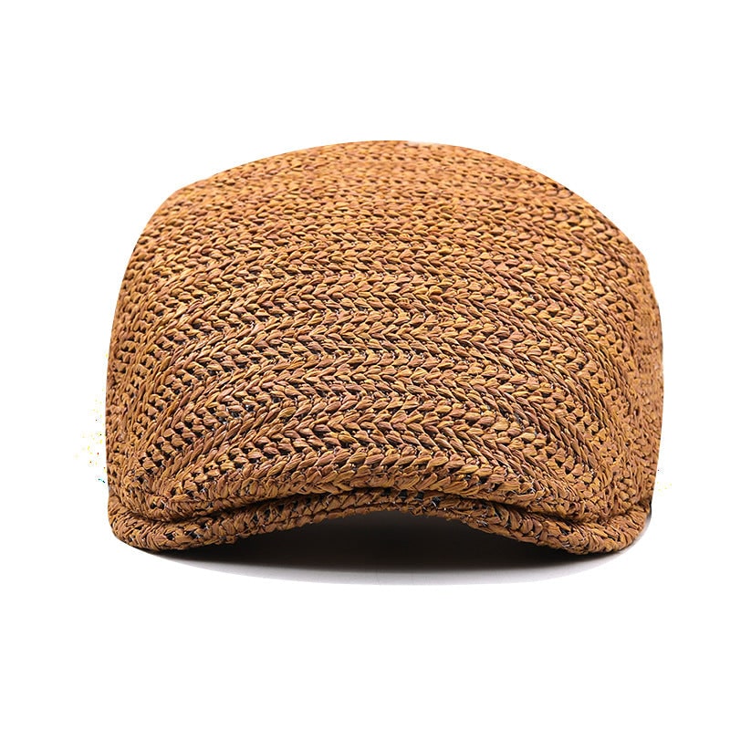 Flat Cap Straw Hat with Adjustable Back Strap and Breathable Chevron Weave Paddy