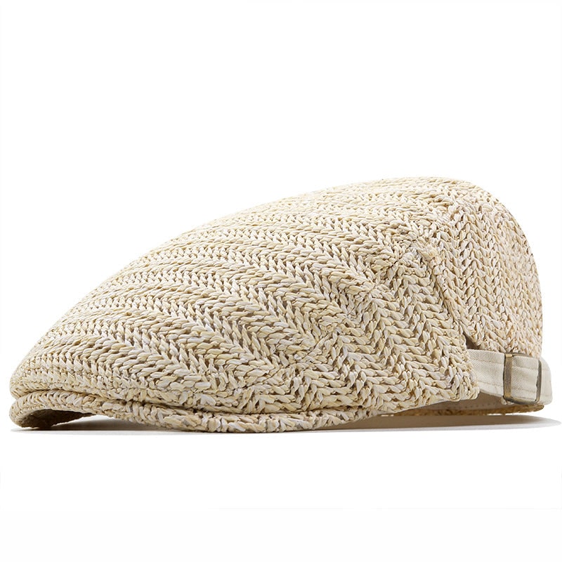 Flat Cap Straw Hat with Adjustable Back Strap and Breathable Chevron Weave Paddy