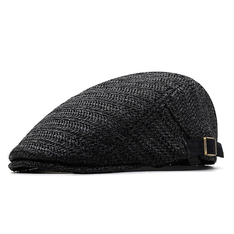 Flat Cap Straw Hat with Adjustable Back Strap and Breathable Chevron Weave Paddy