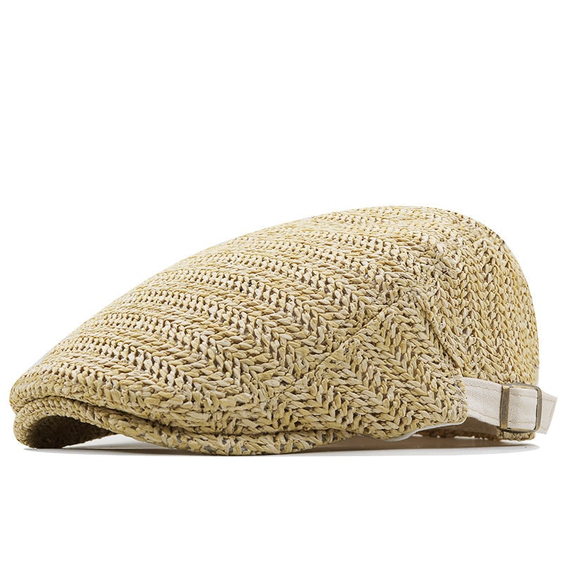 Flat Cap Straw Hat with Adjustable Back Strap and Breathable Chevron Weave Paddy