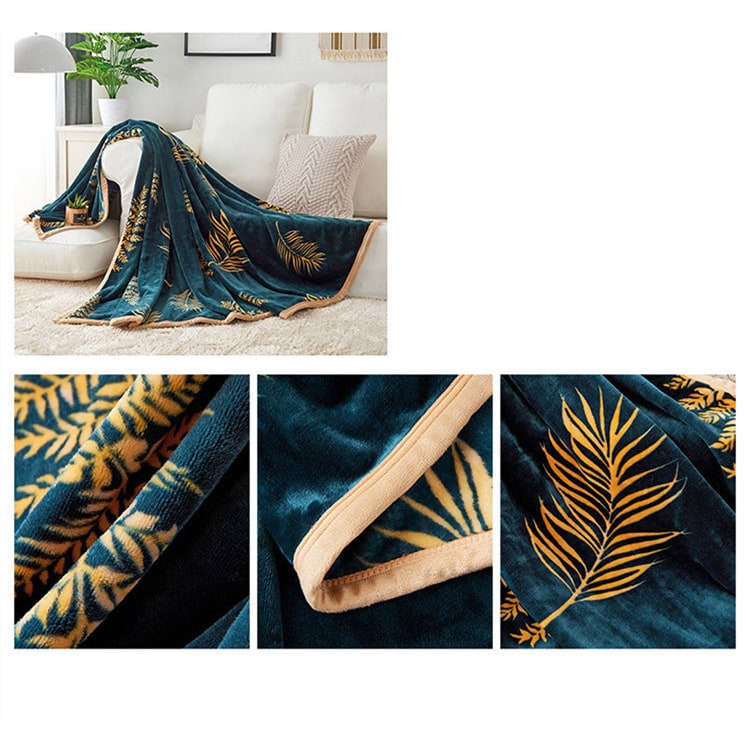 Fleece Throw Blanket with Faux Fur and Soft Plush Flannel Botanical Leaf Pattern Sofa