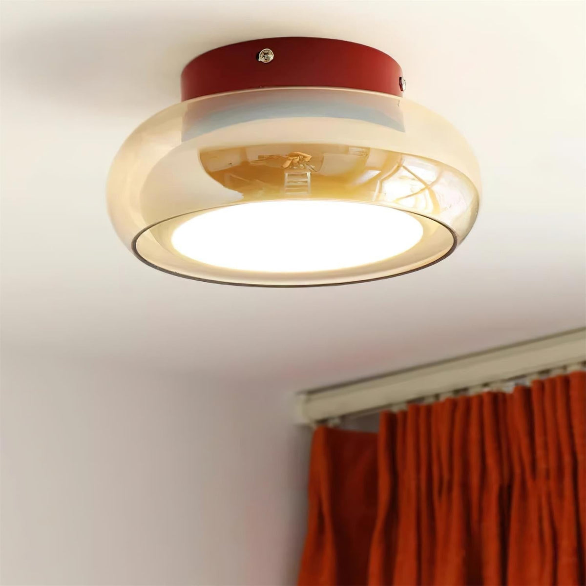 Flush Mount Ceiling Light Fixture with Amber Glass Shade and Integrated LED Vintage