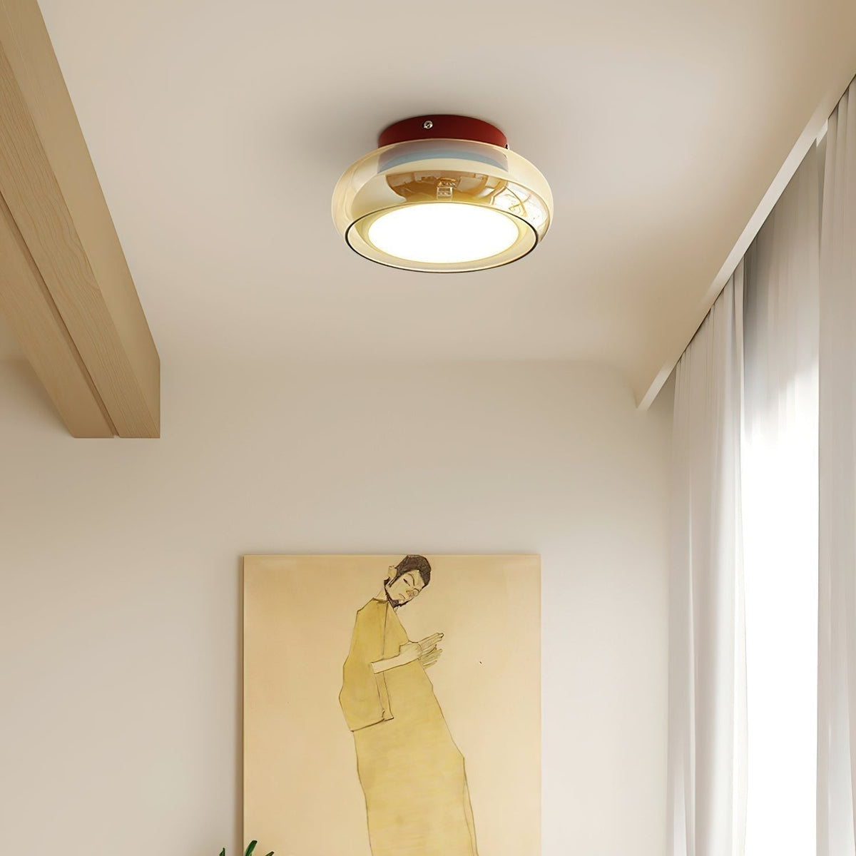 Flush Mount Ceiling Light Fixture with Amber Glass Shade and Integrated LED Vintage