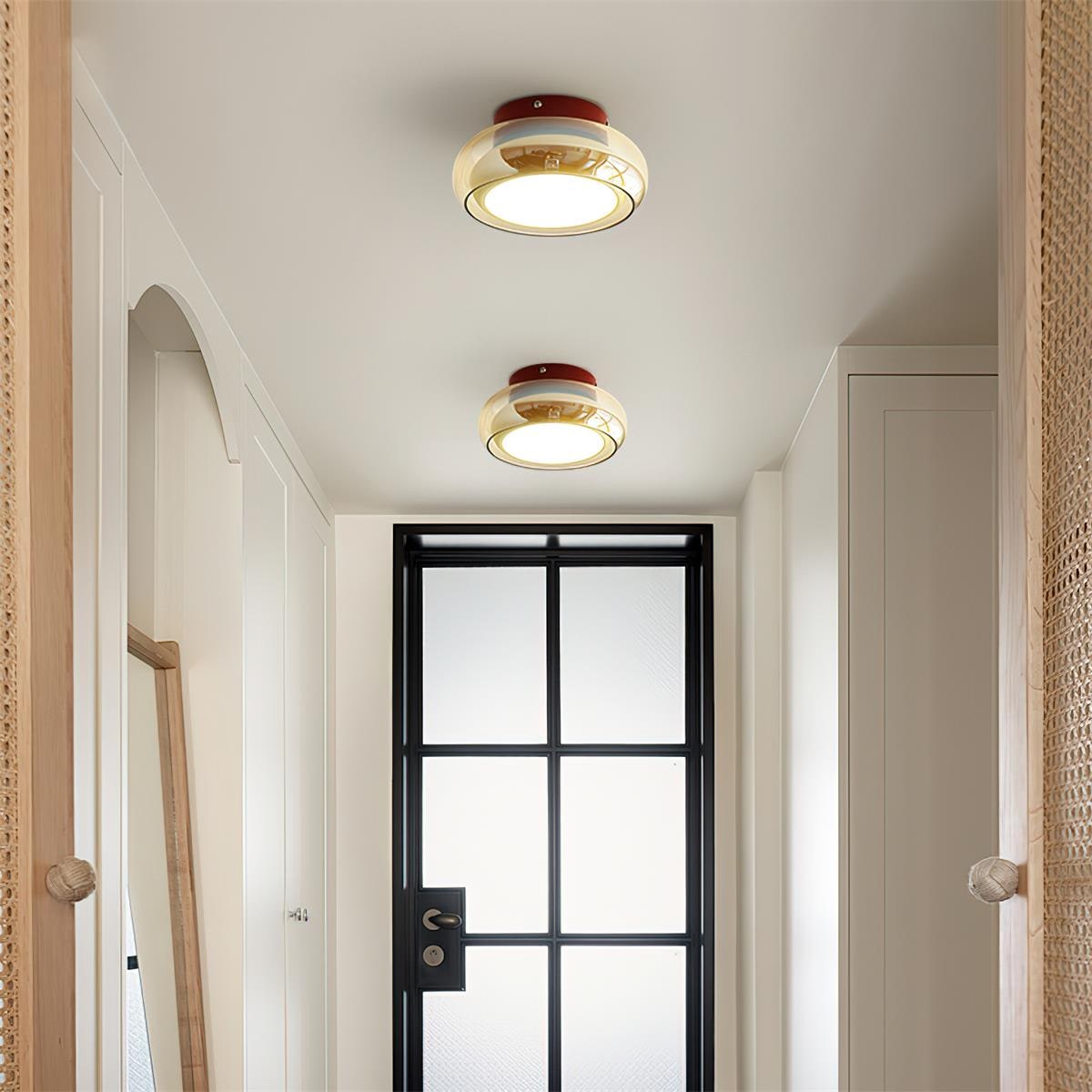 Flush Mount Ceiling Light Fixture with Amber Glass Shade and Integrated LED Vintage
