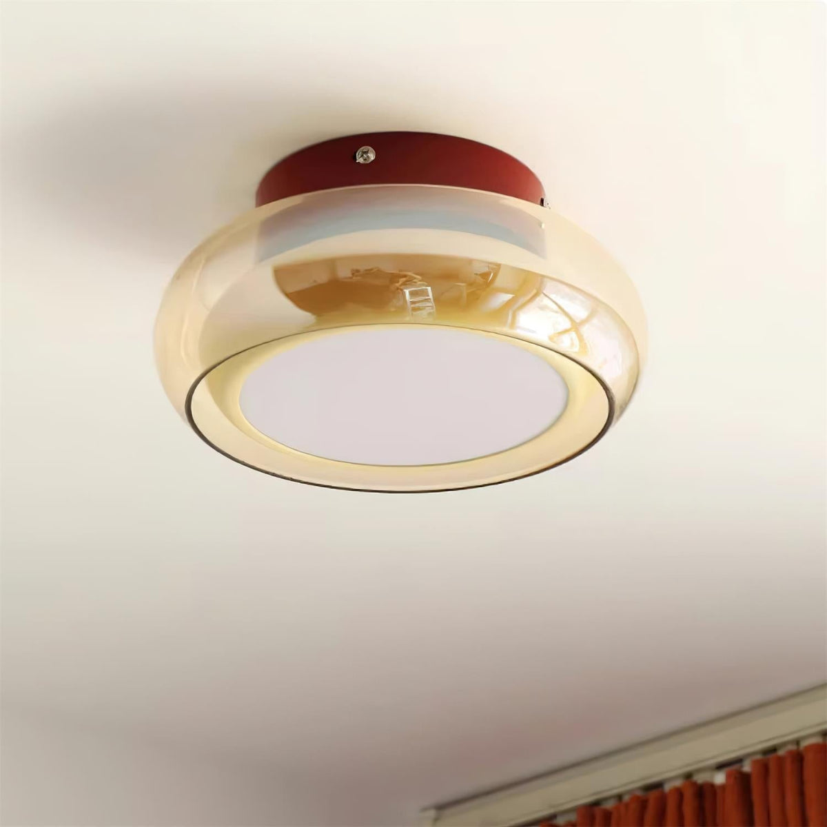 Flush Mount Ceiling Light Fixture with Amber Glass Shade and Integrated LED Vintage