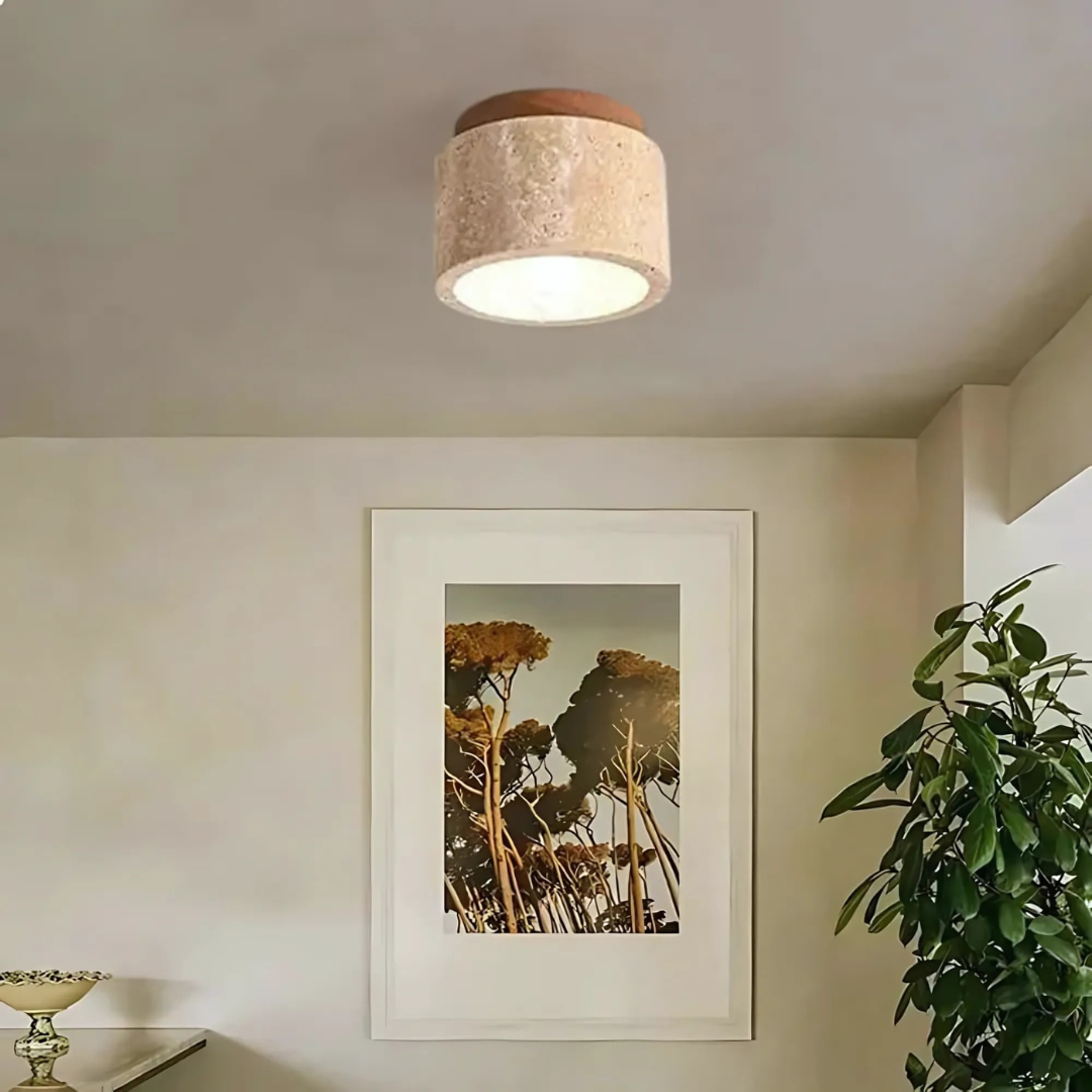 Flush Mount Ceiling Light Fixture with Travertine Stone Shade for Bedroom Led