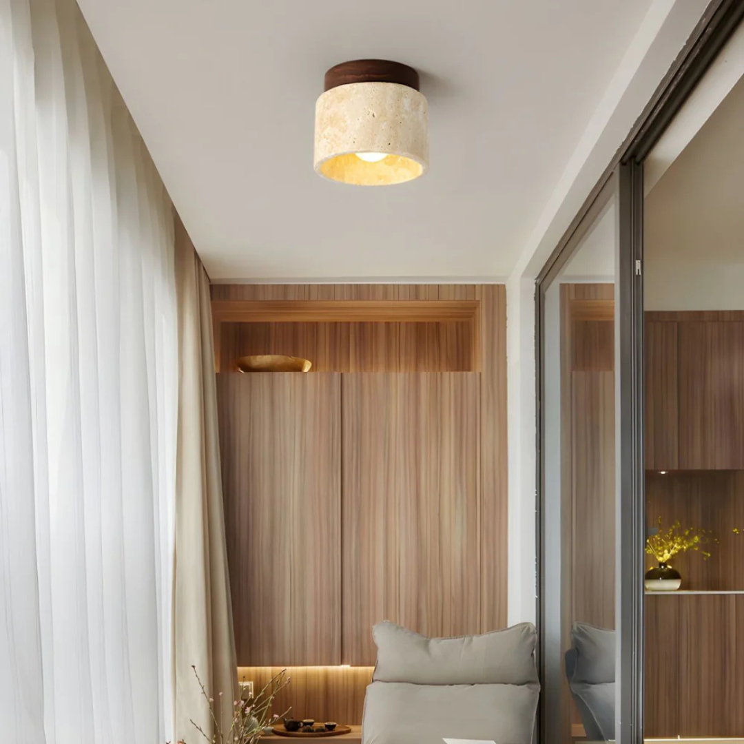 Flush Mount Ceiling Light Fixture with Travertine Stone Shade for Bedroom Led