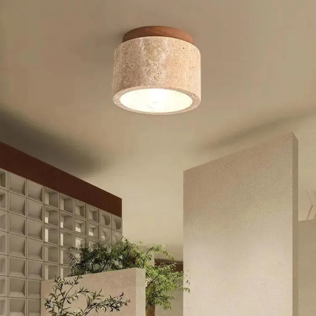 Flush Mount Ceiling Light Fixture with Travertine Stone Shade for Bedroom Led