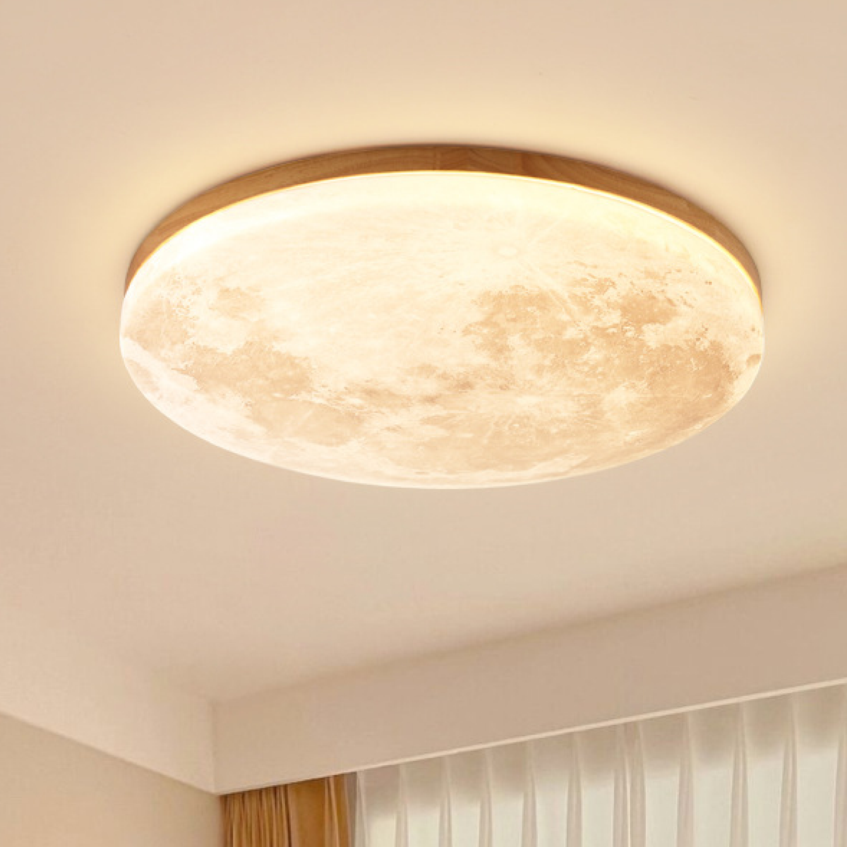 Flush Mount Ceiling Light with Moon Surface Texture and Wooden Frame