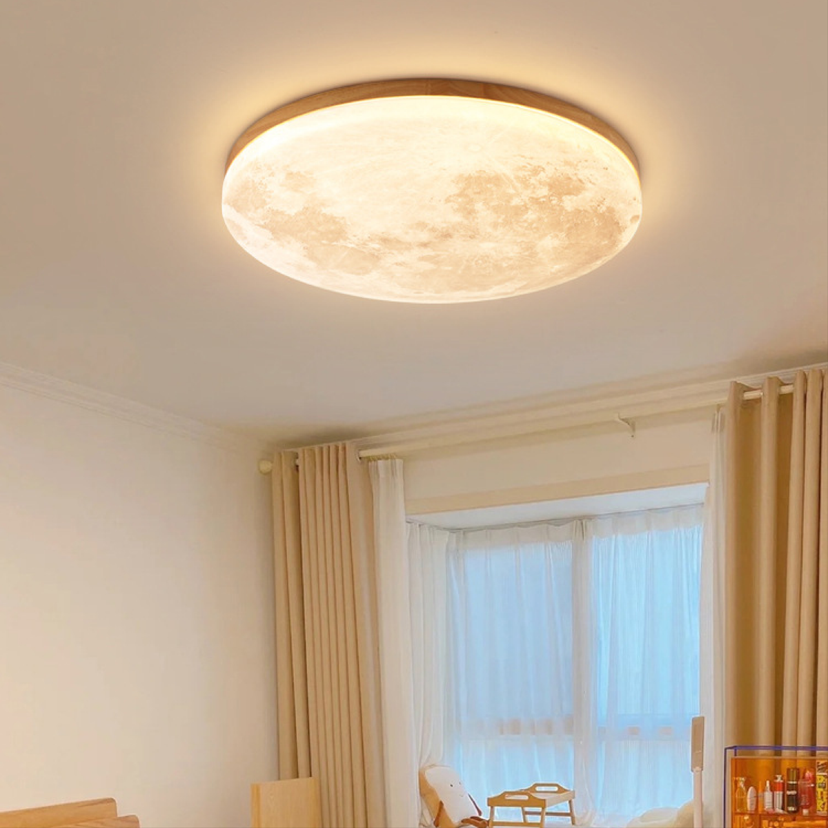 Flush Mount Ceiling Light with Moon Surface Texture and Wooden Frame