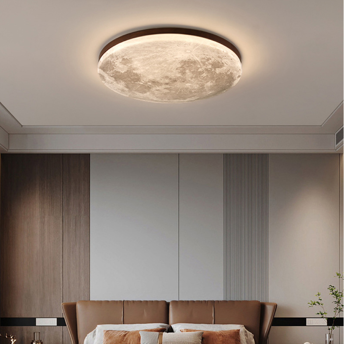 Flush Mount Ceiling Light with Moon Surface Texture and Wooden Frame
