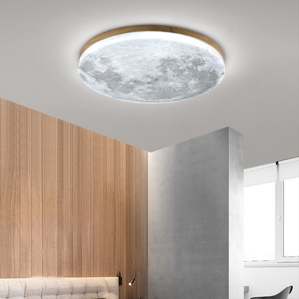 Flush Mount Ceiling Light with Moon Surface Texture and Wooden Frame