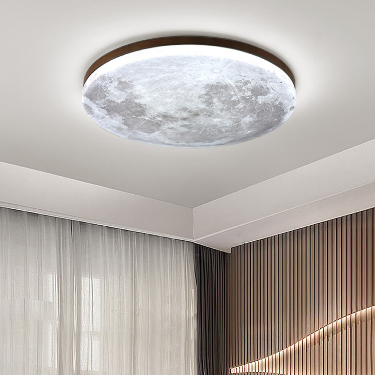Flush Mount Ceiling Light with Moon Surface Texture and Wooden Frame