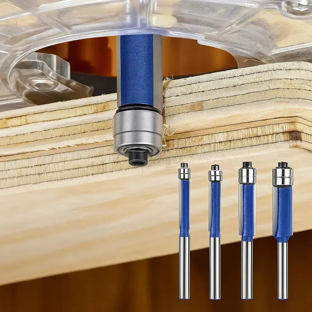 Flush Trim Router Bit Set with Double Top Bearings and Carbide Cutting Edges V Groove