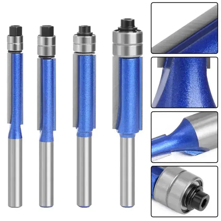 Flush Trim Router Bit Set with Double Top Bearings and Carbide Cutting Edges V Groove
