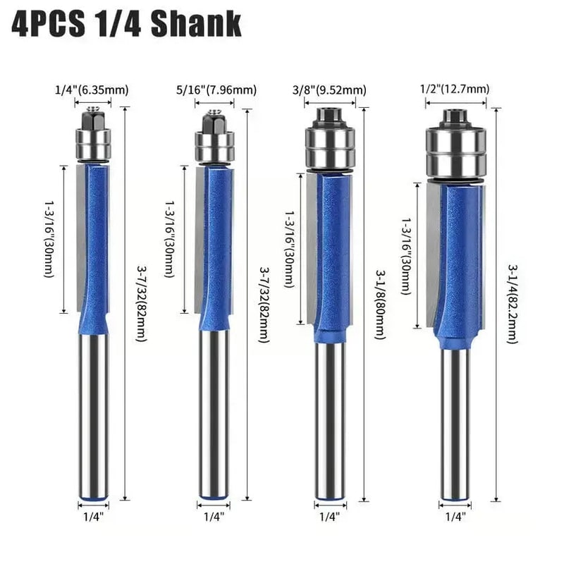 Flush Trim Router Bit Set with Double Top Bearings and Carbide Cutting Edges V Groove