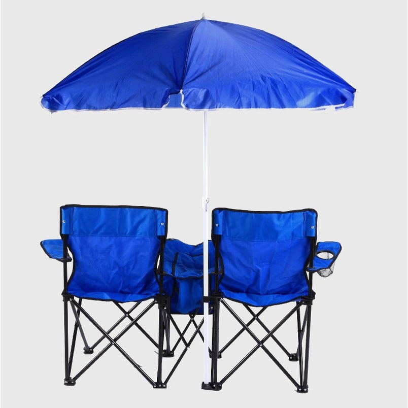 Foldable Double Collapsible Camping Chair with Center Cooler Umbrella and Cup Holders