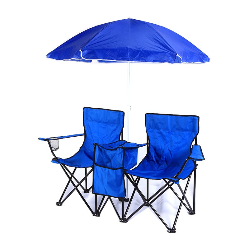 Foldable Double Collapsible Camping Chair with Center Cooler Umbrella and Cup Holders