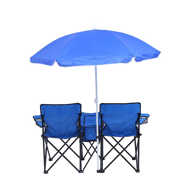 Foldable Double Collapsible Camping Chair with Center Cooler Umbrella and Cup Holders