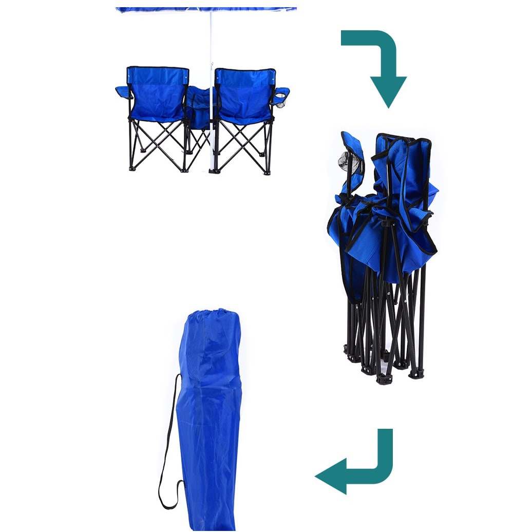 Foldable Double Collapsible Camping Chair with Center Cooler Umbrella and Cup Holders