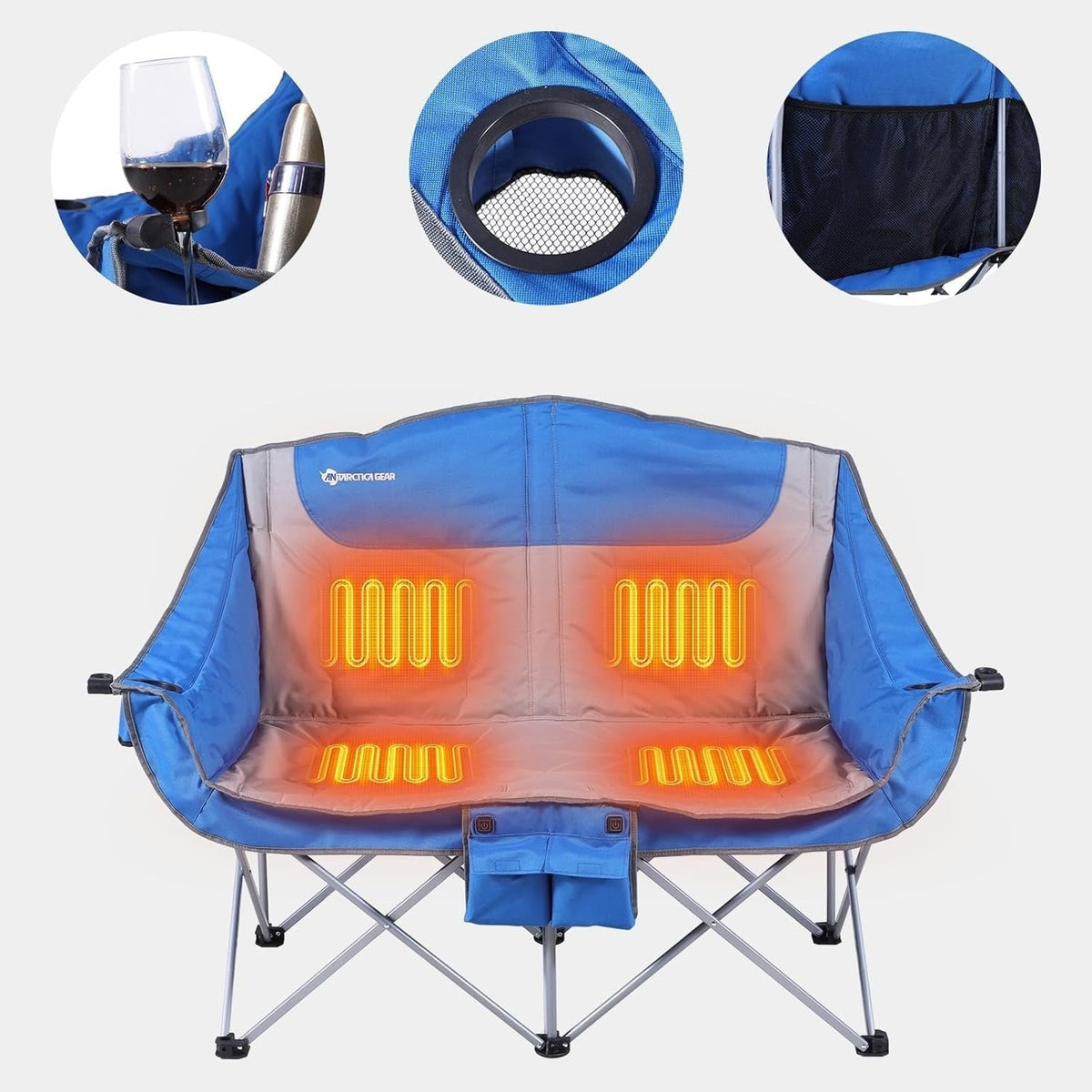 Foldable Double Collapsible Camping Chair with Portable Heated Seat and Rechargeable Battery Pack