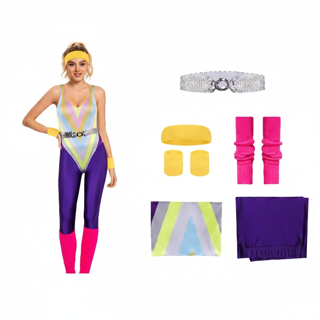 Girls' Halloween 80s Costume Party Outfit Workout Aerobics Leotard Leggings Leg Warmers Set