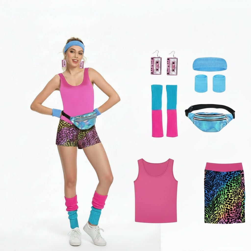 Girls' Halloween 80s Costume Party Outfit Workout Aerobics Leotard Leggings Leg Warmers Set