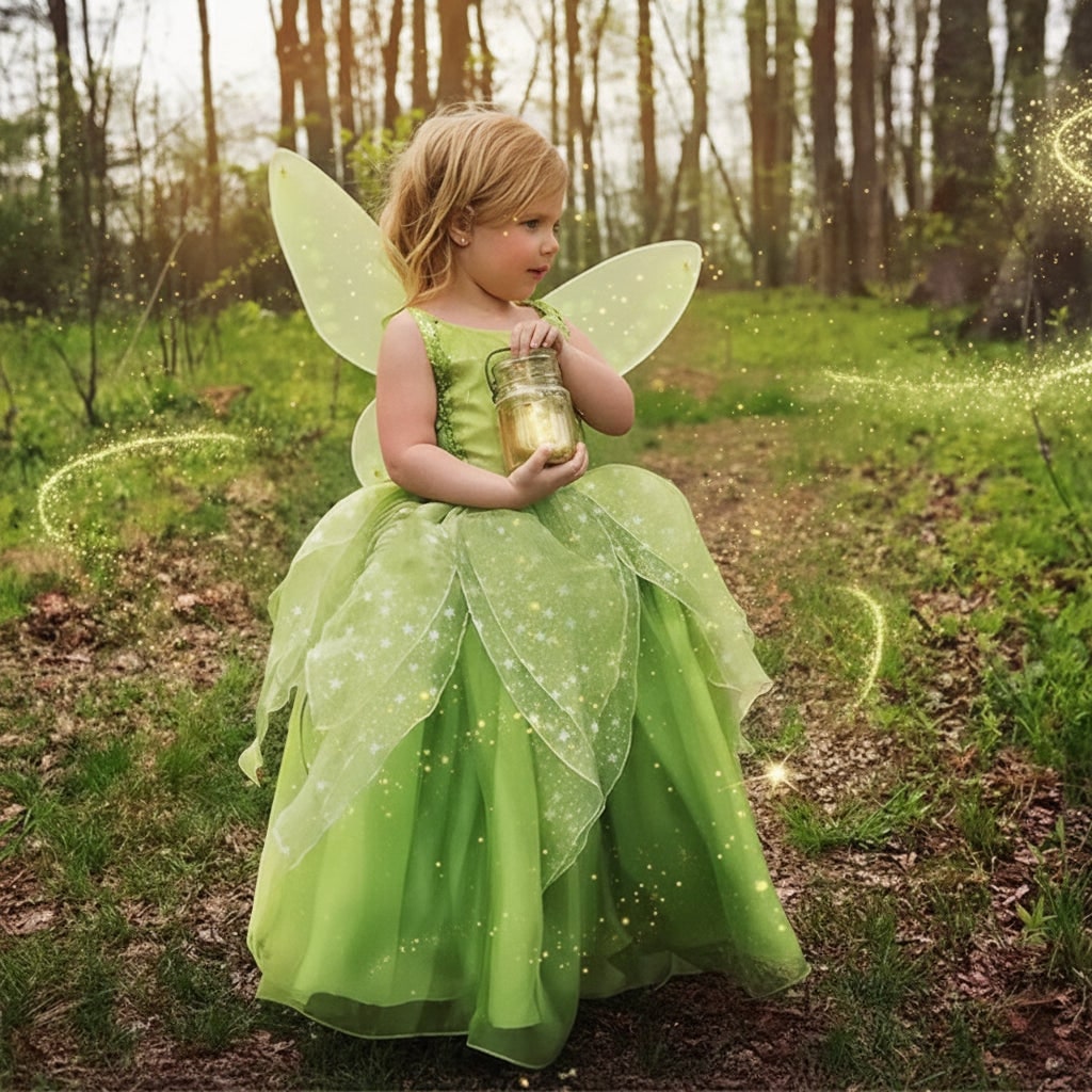 Girls' Halloween Fairy Costume Dress with Wings Tiara Wand and Gloves for Children's Outfit and Party